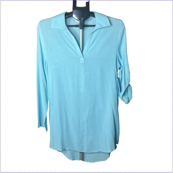 Aqua Blue Popover Tunic Top Split Neck Long Sleeve High Low Hem Rayon Size Small - Picture 2 of 8